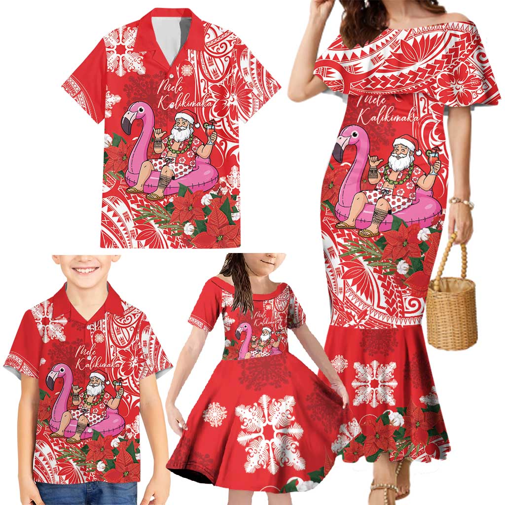 Personalized Hawaii Christmas Family Matching Mermaid Dress and Hawaiian Shirt Mele Kalikimaka Chilling Shaka Santa Flamingo - Polynesian Pride