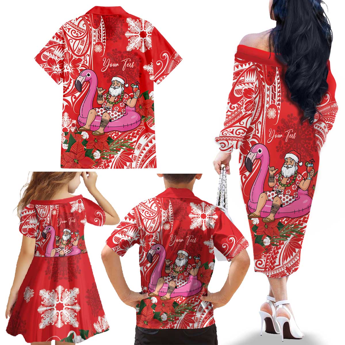 Personalized Hawaii Christmas Family Matching Off The Shoulder Long Sleeve Dress and Hawaiian Shirt Mele Kalikimaka Chilling Shaka Santa Flamingo - Polynesian Pride
