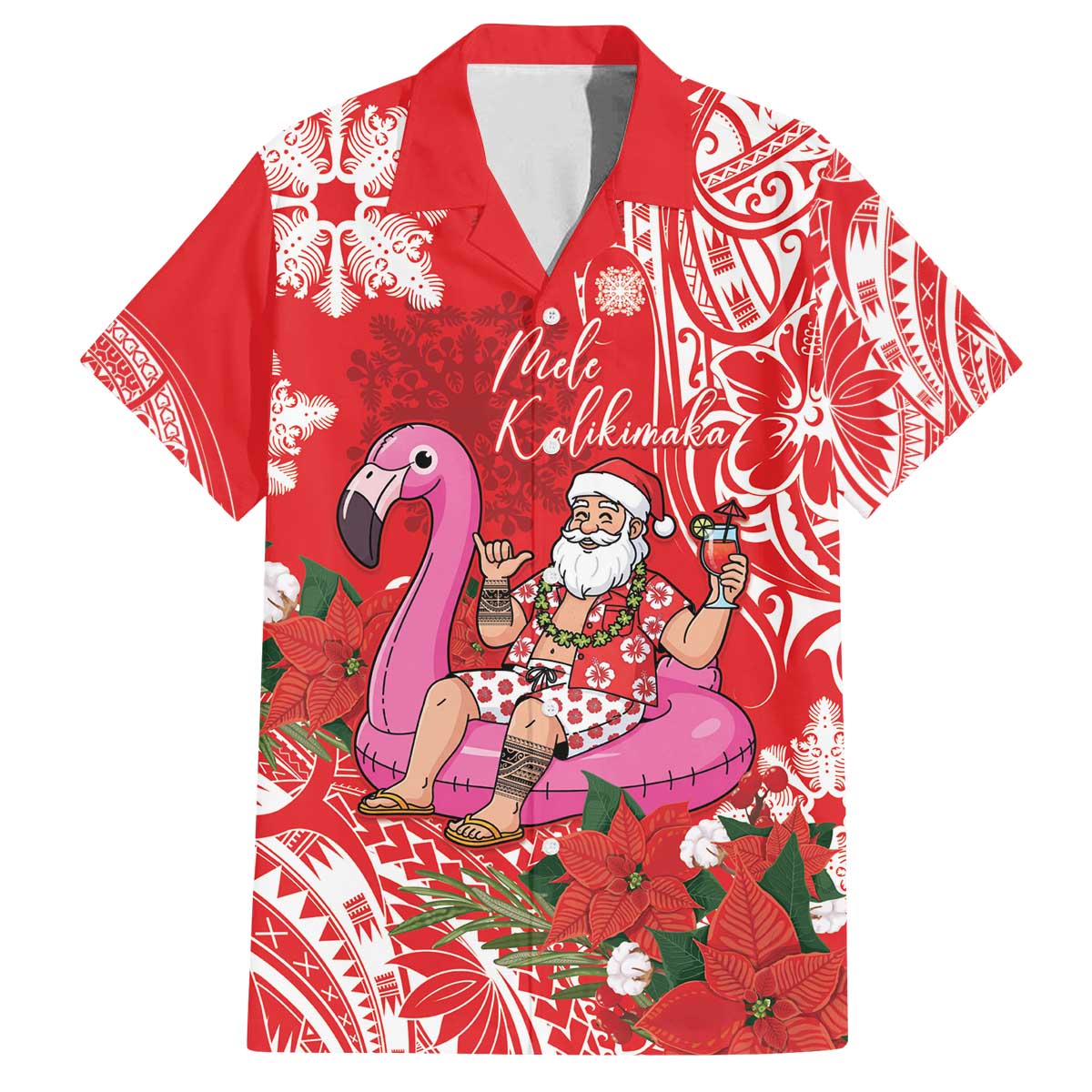 Personalized Hawaii Christmas Family Matching Off The Shoulder Long Sleeve Dress and Hawaiian Shirt Mele Kalikimaka Chilling Shaka Santa Flamingo - Polynesian Pride