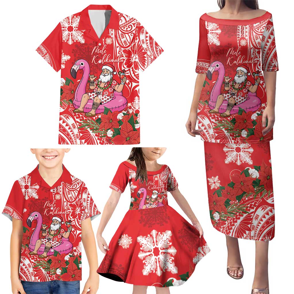 Personalized Hawaii Christmas Family Matching Puletasi and Hawaiian Shirt Mele Kalikimaka Chilling Shaka Santa Flamingo - Polynesian Pride