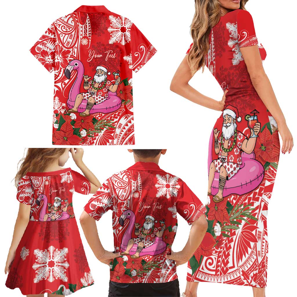 Personalized Hawaii Christmas Family Matching Short Sleeve Bodycon Dress and Hawaiian Shirt Mele Kalikimaka Chilling Shaka Santa Flamingo - Polynesian Pride