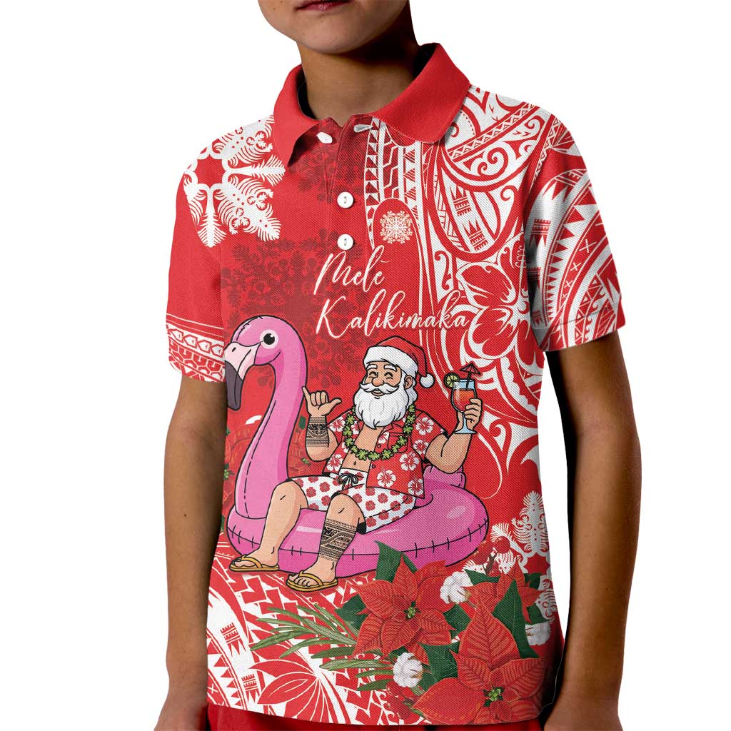 Personalized Hawaii Christmas Kid Polo Shirt Mele Kalikimaka Chilling Shaka Santa Flamingo - Polynesian Pride