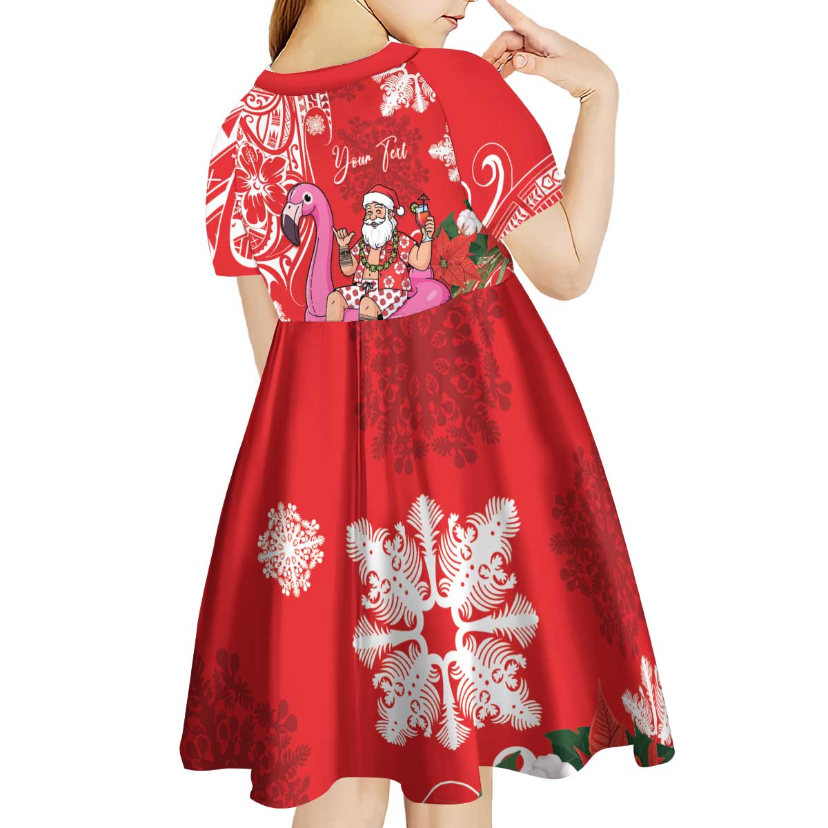 Personalized Hawaii Christmas Kid Short Sleeve Dress Mele Kalikimaka Chilling Shaka Santa Flamingo - Polynesian Pride