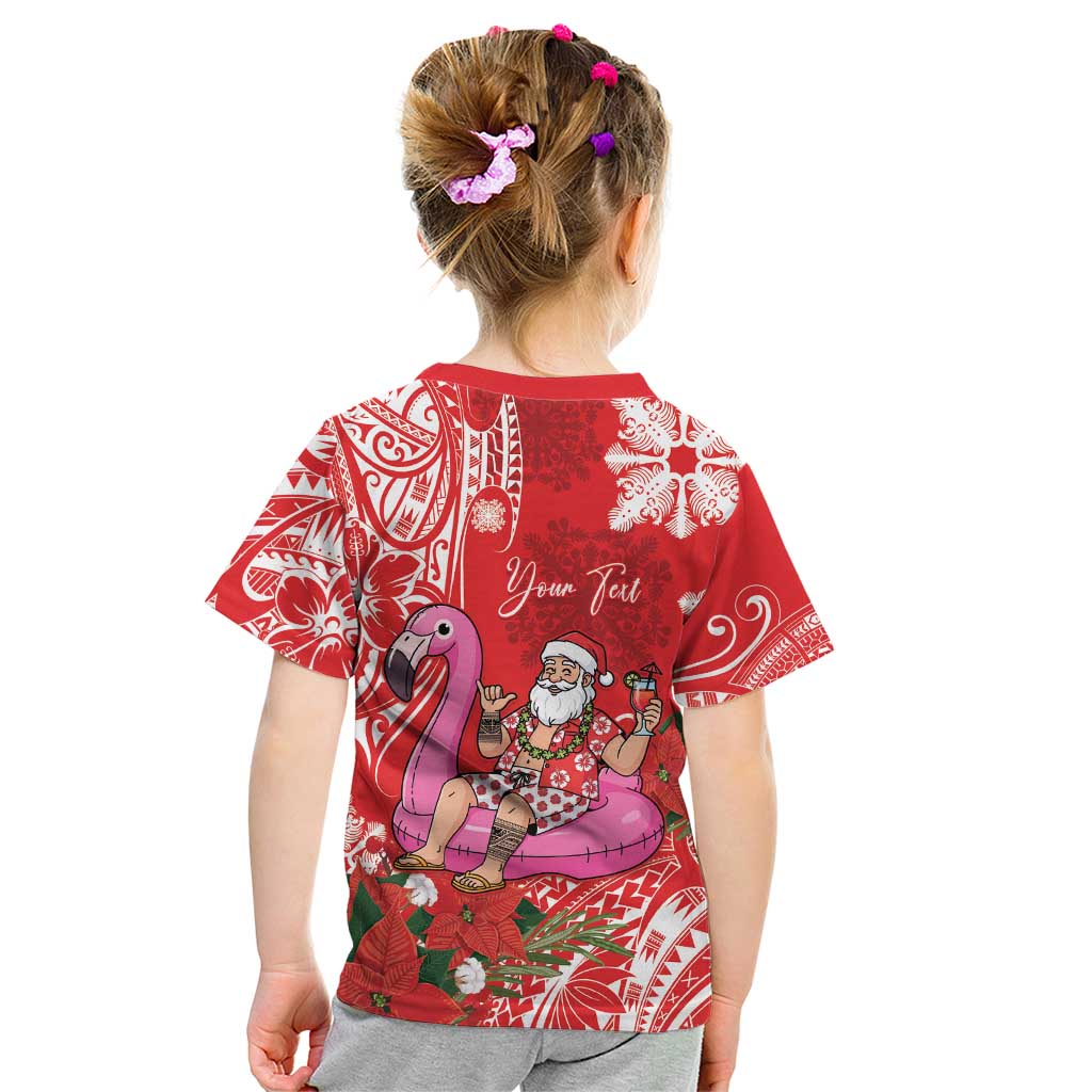 Personalized Hawaii Christmas Kid T Shirt Mele Kalikimaka Chilling Shaka Santa Flamingo - Polynesian Pride