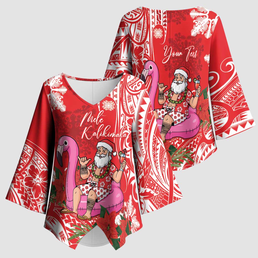 Personalized Hawaii Christmas Kimono Sleeve Blouse Mele Kalikimaka Chilling Shaka Santa Flamingo - Polynesian Pride