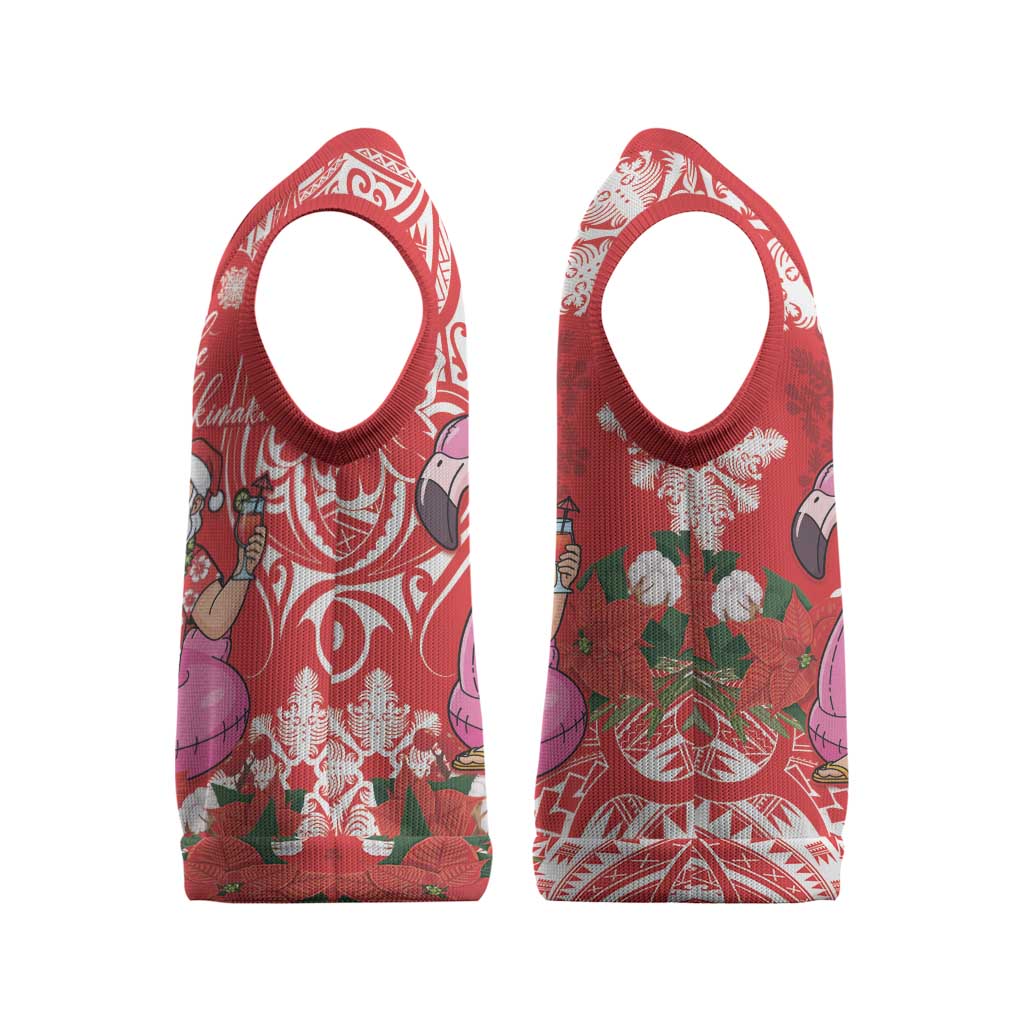 Personalized Hawaii Christmas Knitted V-Neck Vest Mele Kalikimaka Chilling Shaka Santa Flamingo - Polynesian Pride