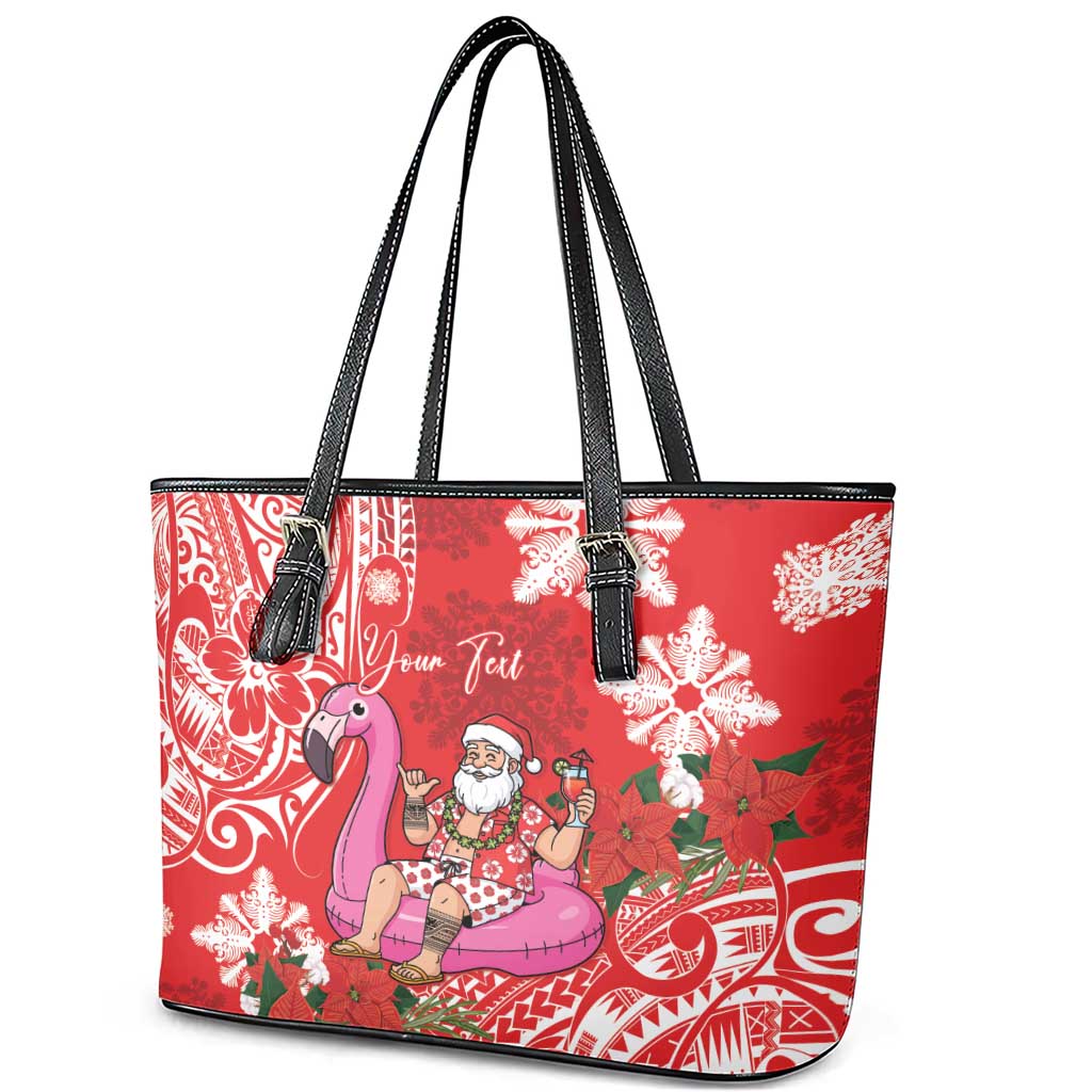 Personalized Hawaii Christmas Leather Tote Bag Mele Kalikimaka Chilling Shaka Santa Flamingo - Polynesian Pride
