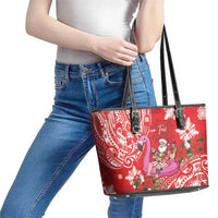 Personalized Hawaii Christmas Leather Tote Bag Mele Kalikimaka Chilling Shaka Santa Flamingo - Polynesian Pride