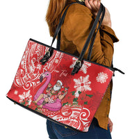 Personalized Hawaii Christmas Leather Tote Bag Mele Kalikimaka Chilling Shaka Santa Flamingo - Polynesian Pride