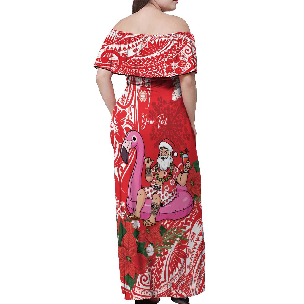 Personalized Hawaii Christmas Off Shoulder Maxi Dress Mele Kalikimaka Chilling Shaka Santa Flamingo - Polynesian Pride