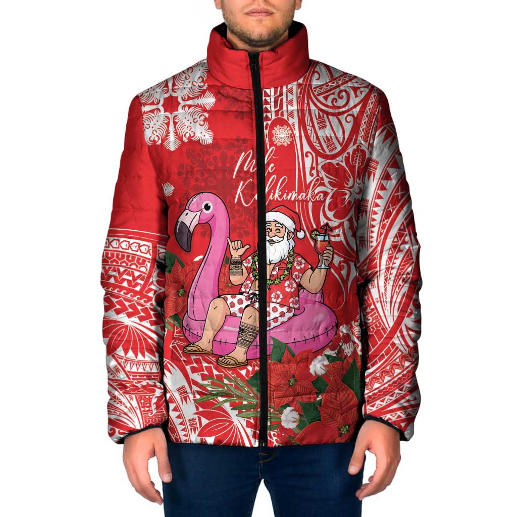 Personalized Hawaii Christmas Padded Jacket Mele Kalikimaka Chilling Shaka Santa Flamingo - Polynesian Pride