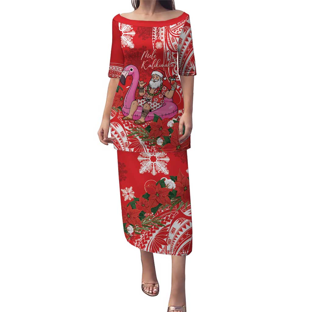 Personalized Hawaii Christmas Puletasi Mele Kalikimaka Chilling Shaka Santa Flamingo - Polynesian Pride