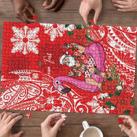 Personalized Hawaii Christmas Puzzle Mele Kalikimaka Chilling Shaka Santa Flamingo - Polynesian Pride