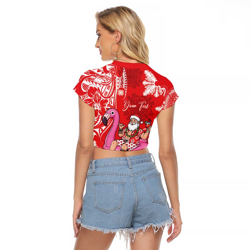 Personalized Hawaii Christmas Raglan Cropped T Shirt Mele Kalikimaka Chilling Shaka Santa Flamingo - Polynesian Pride