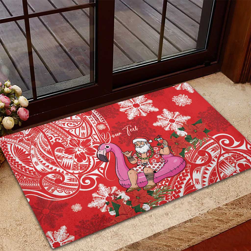 Personalized Hawaii Christmas Rubber Doormat Mele Kalikimaka Chilling Shaka Santa Flamingo - Polynesian Pride