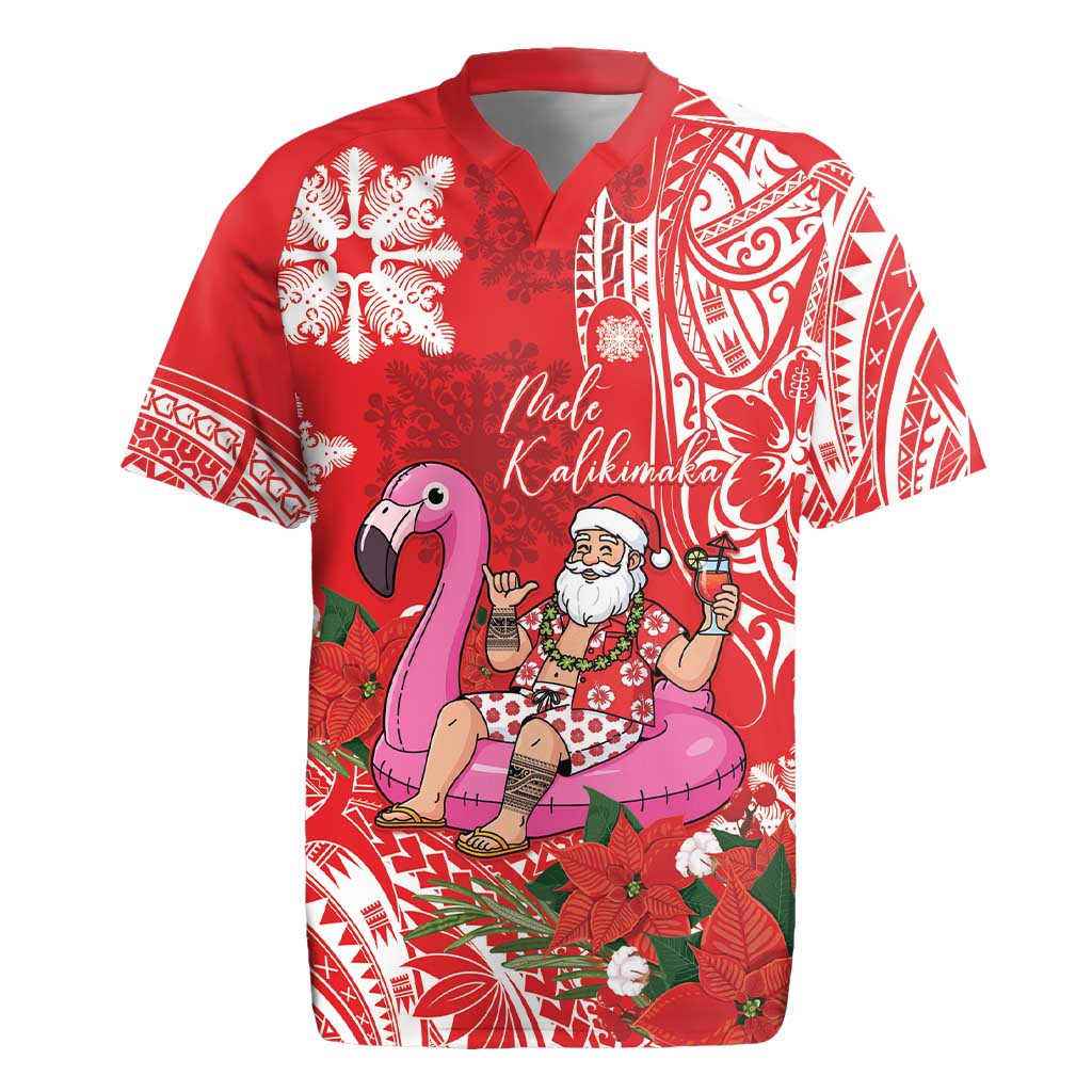 Personalized Hawaii Christmas Rugby Jersey Mele Kalikimaka Chilling Shaka Santa Flamingo - Polynesian Pride