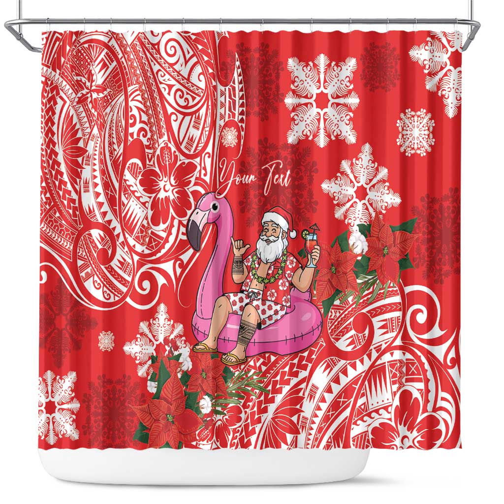 Personalized Hawaii Christmas Shower Curtain Mele Kalikimaka Chilling Shaka Santa Flamingo - Polynesian Pride