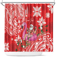 Personalized Hawaii Christmas Shower Curtain Mele Kalikimaka Chilling Shaka Santa Flamingo - Polynesian Pride