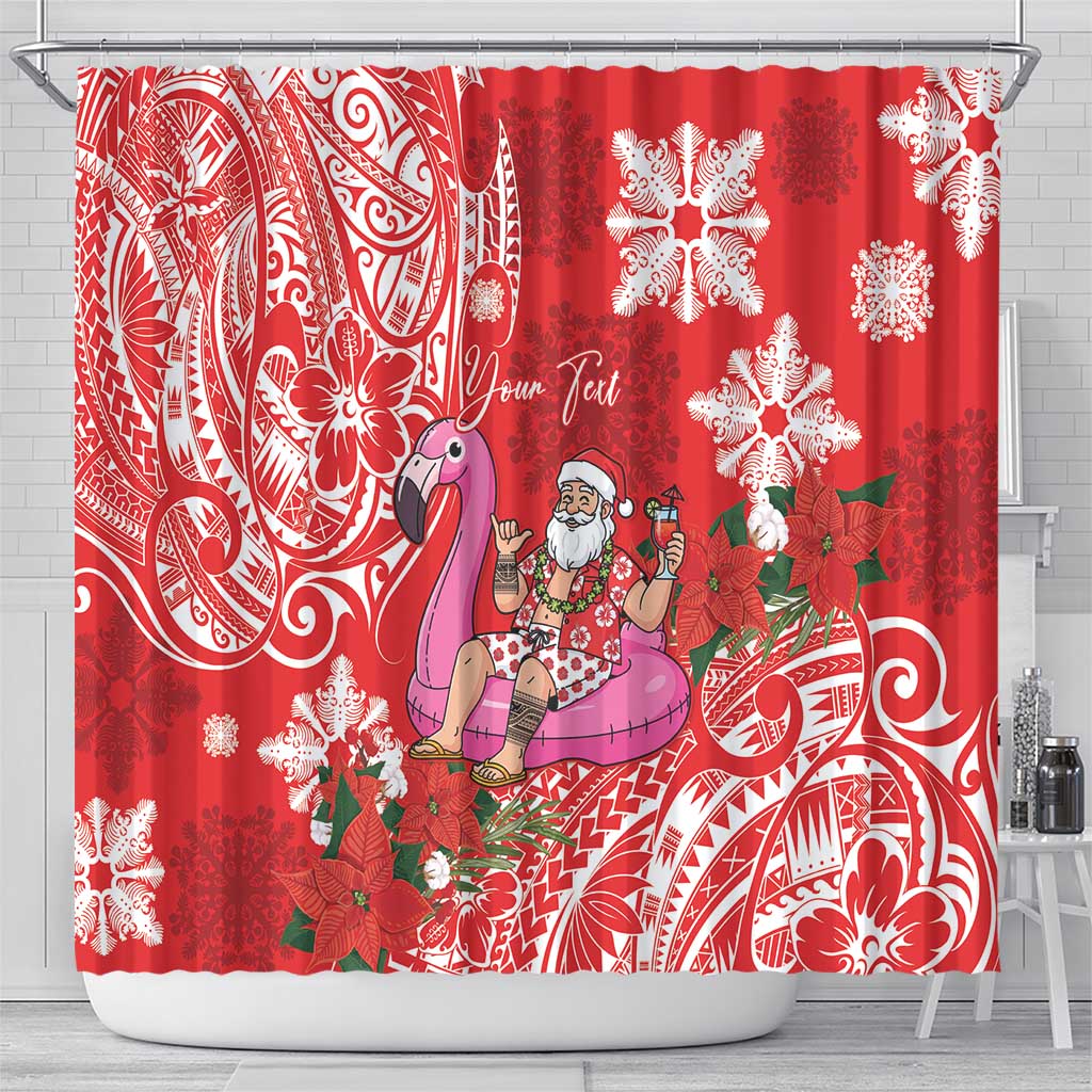Personalized Hawaii Christmas Shower Curtain Mele Kalikimaka Chilling Shaka Santa Flamingo - Polynesian Pride