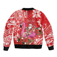 Personalized Hawaii Christmas Sleeve Zip Bomber Jacket Mele Kalikimaka Chilling Shaka Santa Flamingo - Polynesian Pride