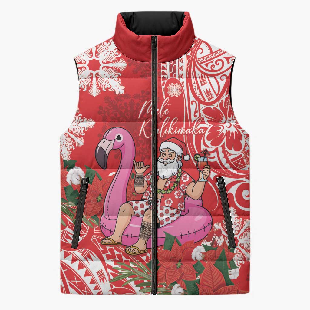 Personalized Hawaii Christmas Sleeveless Puffer Jacket Mele Kalikimaka Chilling Shaka Santa Flamingo - Polynesian Pride