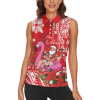 Personalized Hawaii Christmas Women Sleeveless Polo Shirt Mele Kalikimaka Chilling Shaka Santa Flamingo - Polynesian Pride
