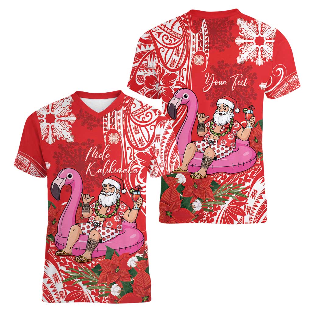 Personalized Hawaii Christmas Women V-Neck T-Shirt Mele Kalikimaka Chilling Shaka Santa Flamingo - Polynesian Pride