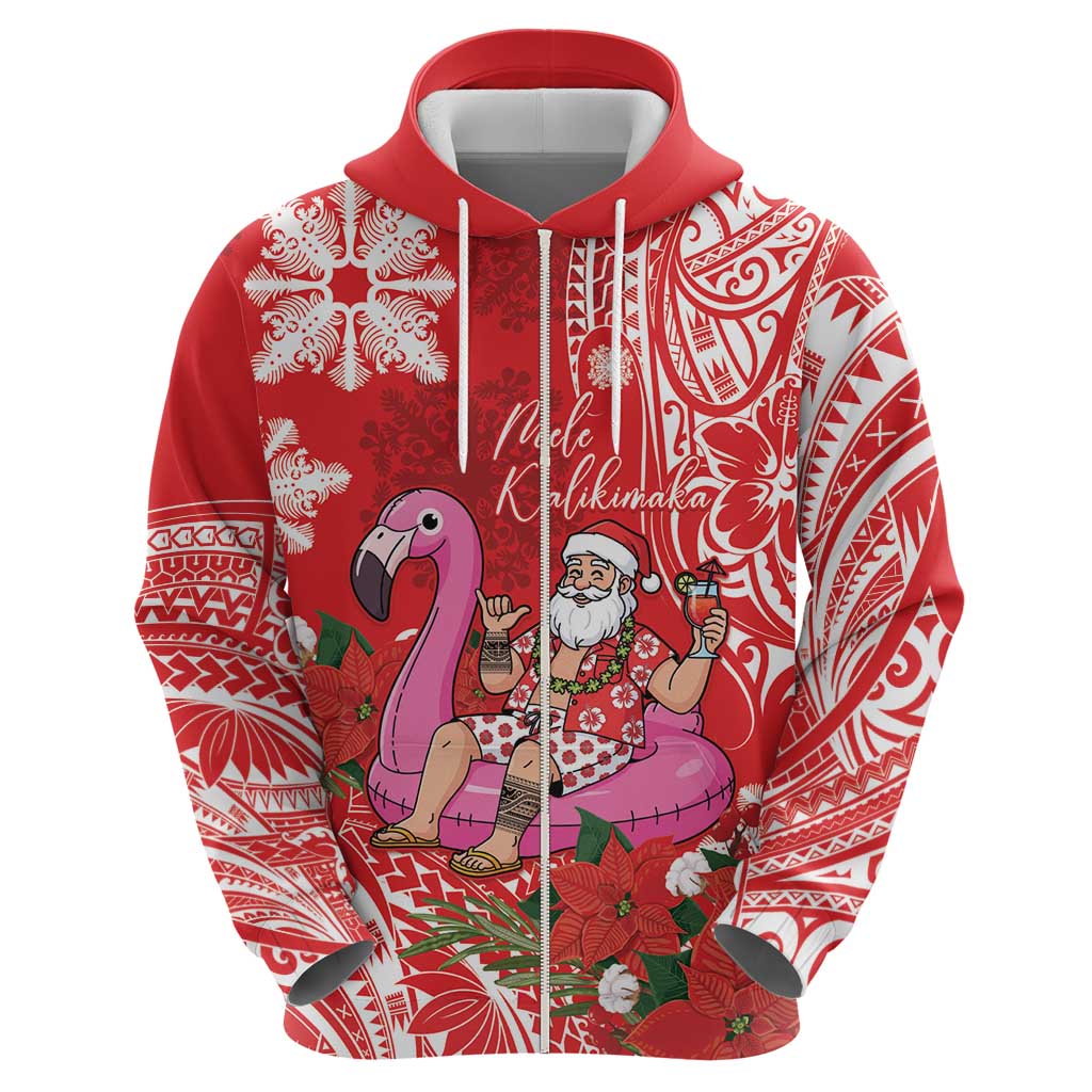 Personalized Hawaii Christmas Zip Hoodie Mele Kalikimaka Chilling Shaka Santa Flamingo - Polynesian Pride