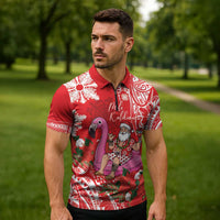 Personalized Hawaii Christmas Zipper Polo Shirt Mele Kalikimaka Chilling Shaka Santa Flamingo - Polynesian Pride