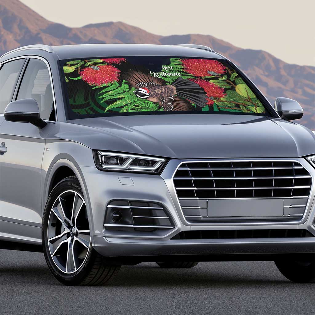 Meri Kirihimete New Zealand Auto Sun Shade Piwakawaka Koru Fern Mix Pohutukawa - Polynesian Pride