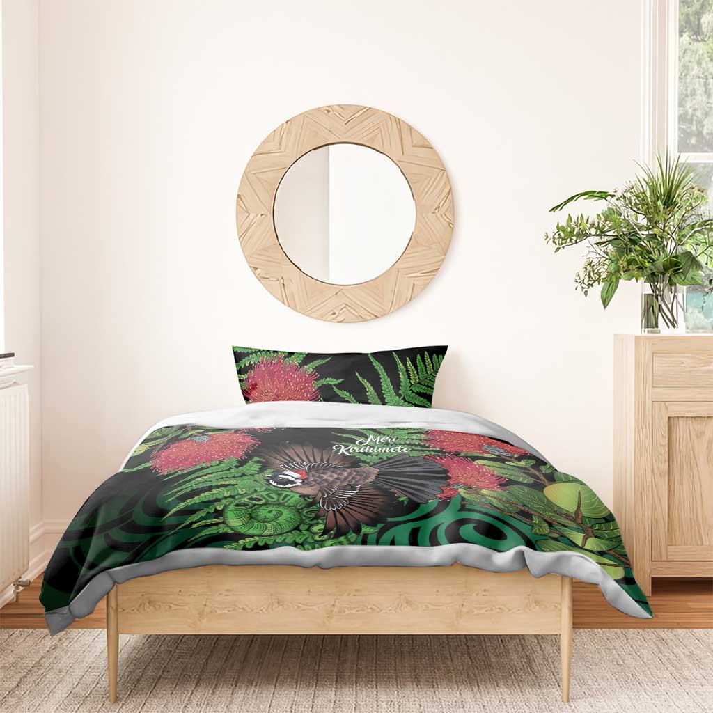 Meri Kirihimete New Zealand Bedding Set Piwakawaka Koru Fern Mix Pohutukawa - Polynesian Pride