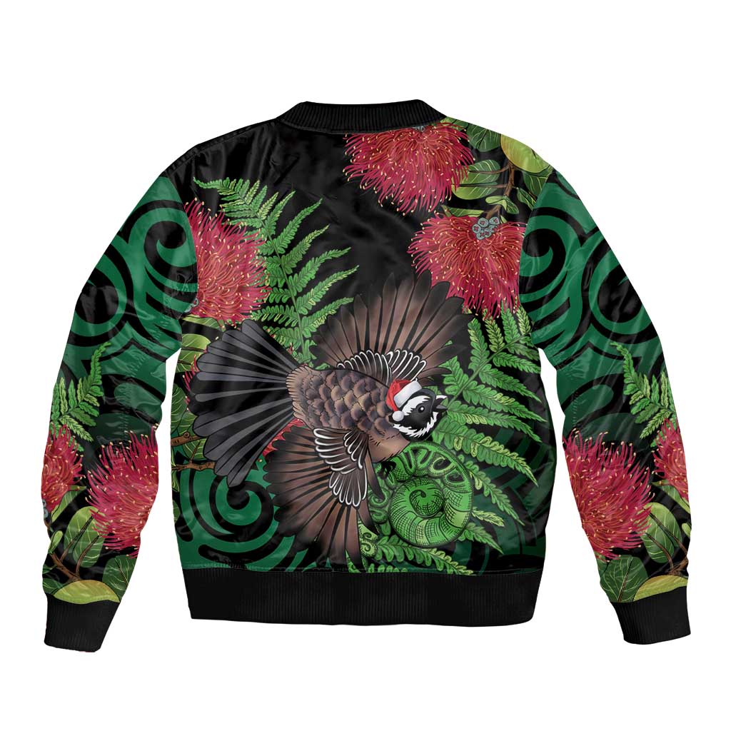 Meri Kirihimete New Zealand Bomber Jacket Piwakawaka Koru Fern Mix Pohutukawa - Polynesian Pride