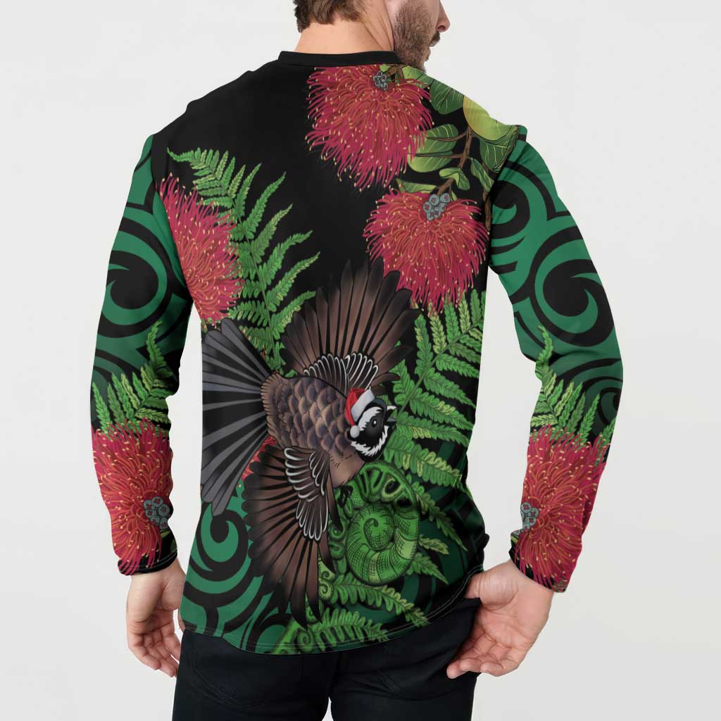 Meri Kirihimete New Zealand Button Sweatshirt Piwakawaka Koru Fern Mix Pohutukawa - Polynesian Pride