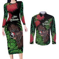 Meri Kirihimete New Zealand Couples Matching Long Sleeve Bodycon Dress and Long Sleeve Button Shirt Piwakawaka Koru Fern Mix Pohutukawa - Polynesian Pride