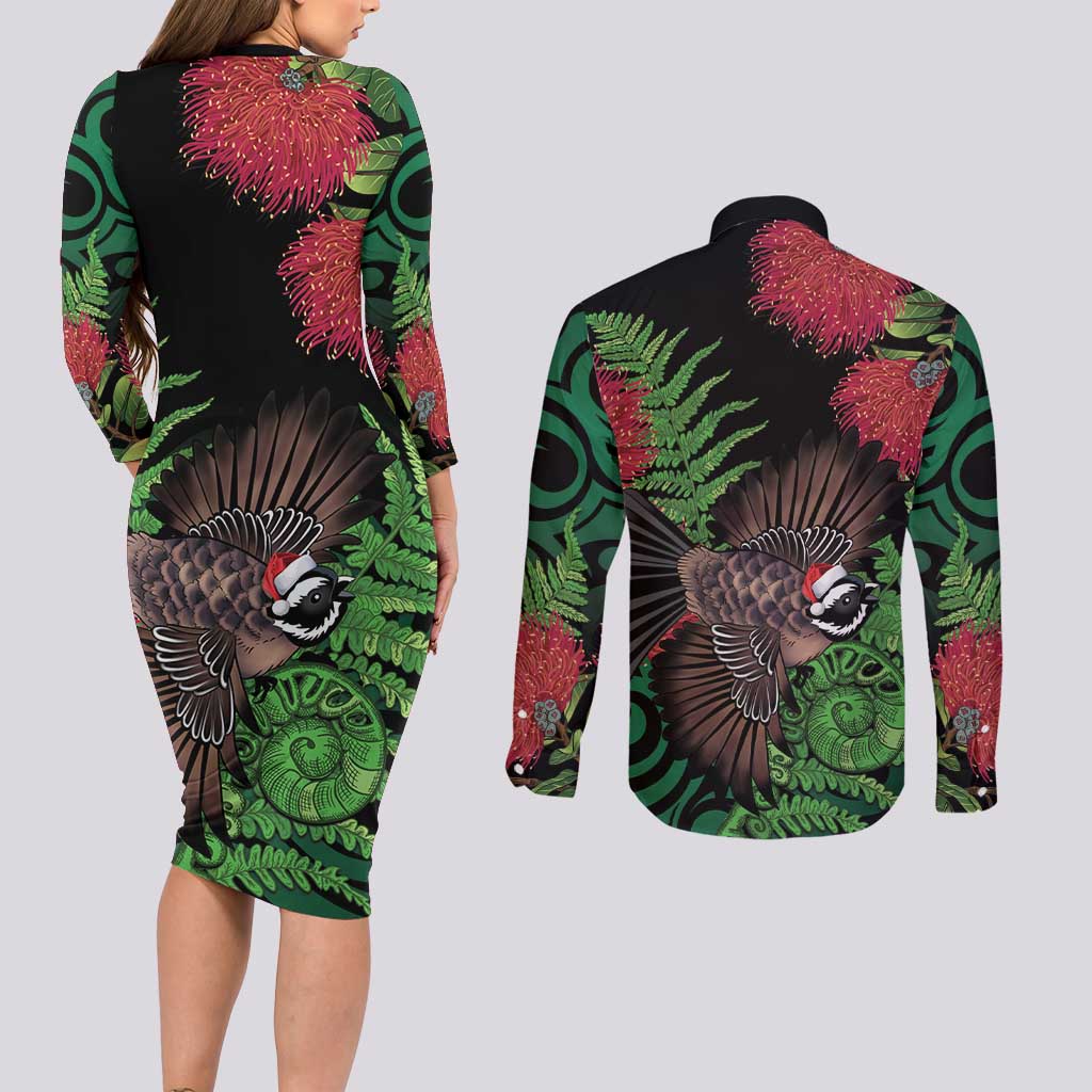 Meri Kirihimete New Zealand Couples Matching Long Sleeve Bodycon Dress and Long Sleeve Button Shirt Piwakawaka Koru Fern Mix Pohutukawa - Polynesian Pride