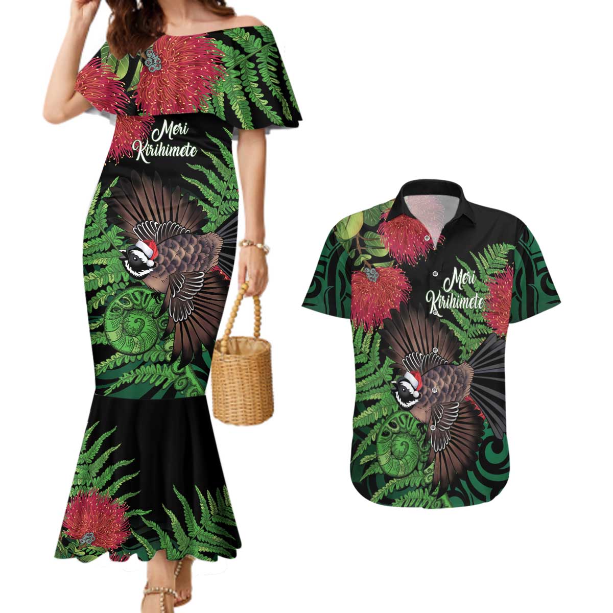 Meri Kirihimete New Zealand Couples Matching Mermaid Dress and Hawaiian Shirt Piwakawaka Koru Fern Mix Pohutukawa - Polynesian Pride
