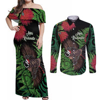 Meri Kirihimete New Zealand Couples Matching Off Shoulder Maxi Dress and Long Sleeve Button Shirt Piwakawaka Koru Fern Mix Pohutukawa - Polynesian Pride