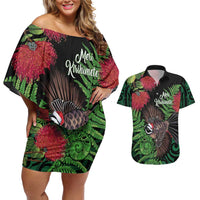 Meri Kirihimete New Zealand Couples Matching Off Shoulder Short Dress and Hawaiian Shirt Piwakawaka Koru Fern Mix Pohutukawa - Polynesian Pride
