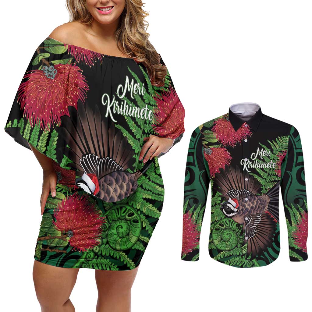 Meri Kirihimete New Zealand Couples Matching Off Shoulder Short Dress and Long Sleeve Button Shirt Piwakawaka Koru Fern Mix Pohutukawa - Polynesian Pride