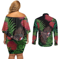 Meri Kirihimete New Zealand Couples Matching Off Shoulder Short Dress and Long Sleeve Button Shirt Piwakawaka Koru Fern Mix Pohutukawa - Polynesian Pride