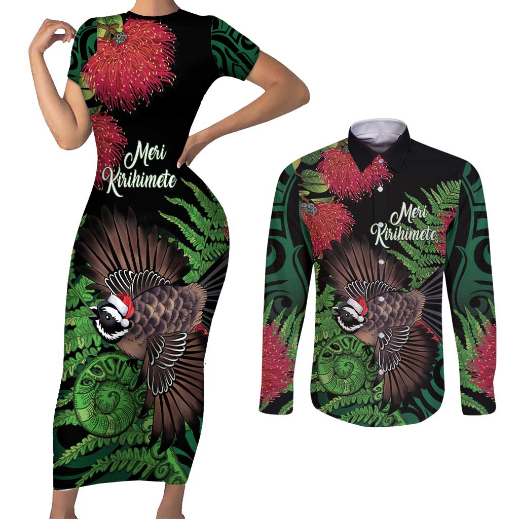 Meri Kirihimete New Zealand Couples Matching Short Sleeve Bodycon Dress and Long Sleeve Button Shirt Piwakawaka Koru Fern Mix Pohutukawa - Polynesian Pride