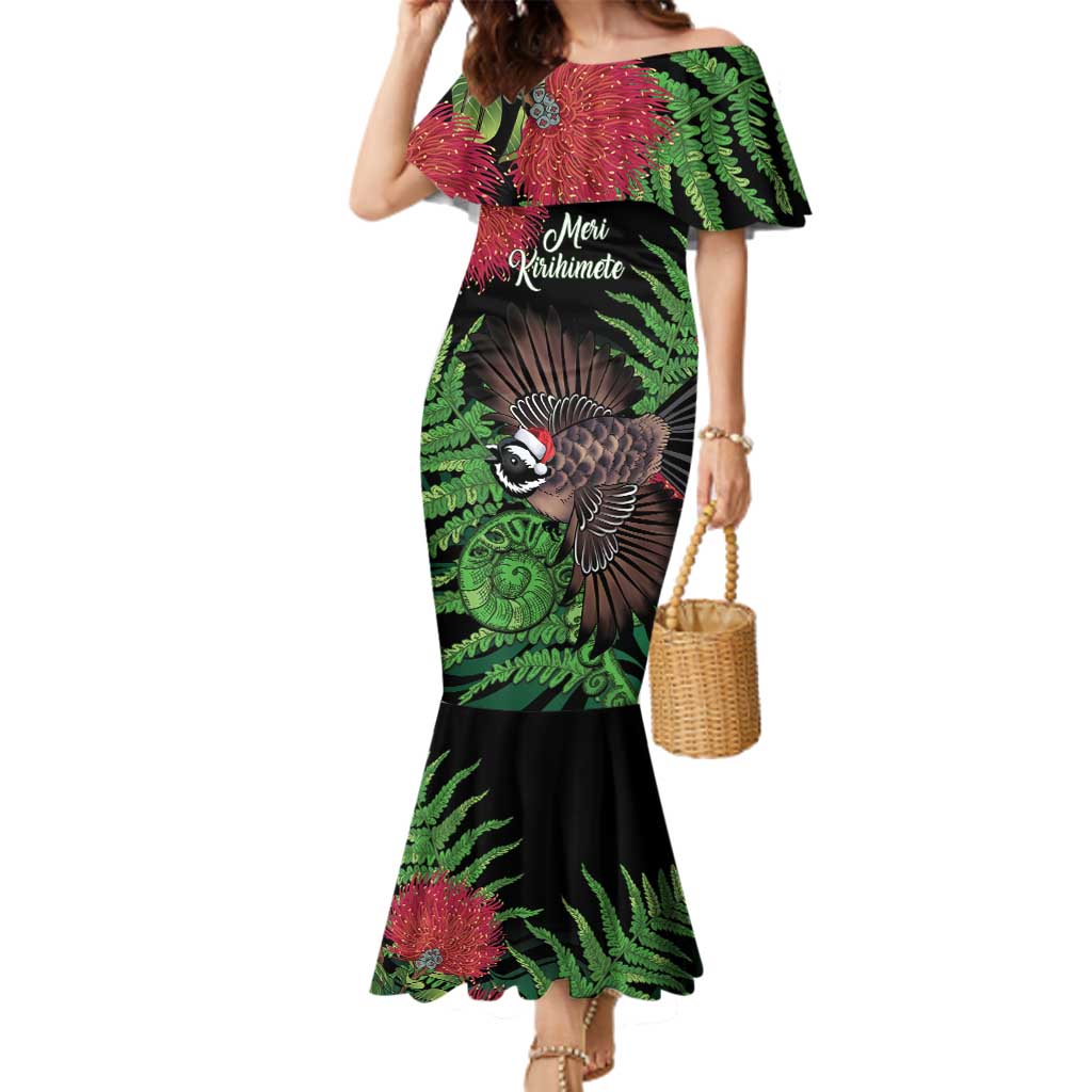 Meri Kirihimete New Zealand Family Matching Mermaid Dress and Hawaiian Shirt Piwakawaka Koru Fern Mix Pohutukawa - Polynesian Pride
