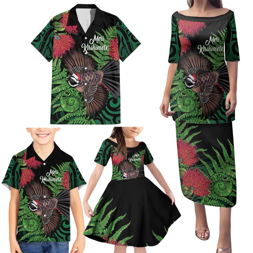 Meri Kirihimete New Zealand Family Matching Puletasi and Hawaiian Shirt Piwakawaka Koru Fern Mix Pohutukawa - Polynesian Pride