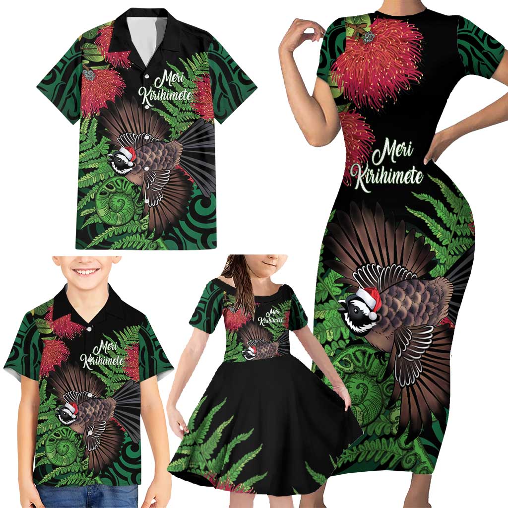 Meri Kirihimete New Zealand Family Matching Short Sleeve Bodycon Dress and Hawaiian Shirt Piwakawaka Koru Fern Mix Pohutukawa - Polynesian Pride