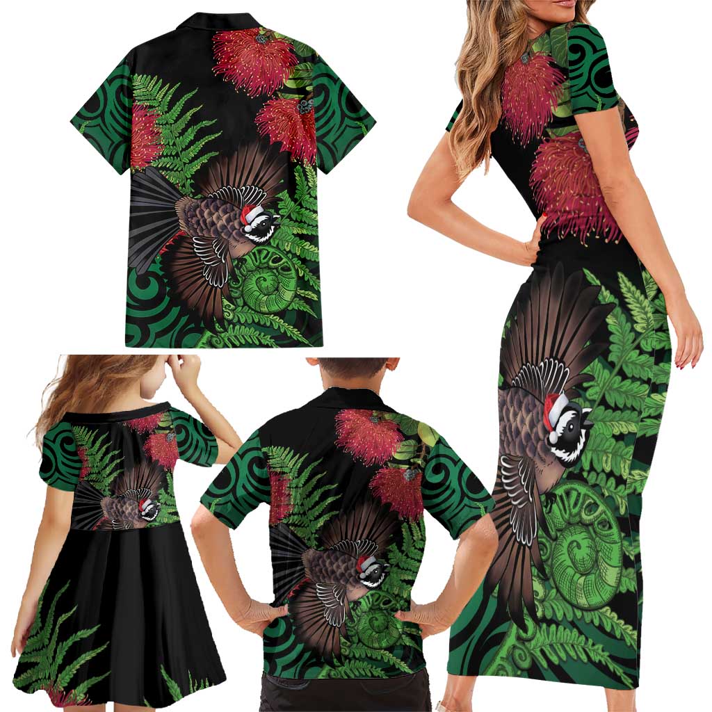 Meri Kirihimete New Zealand Family Matching Short Sleeve Bodycon Dress and Hawaiian Shirt Piwakawaka Koru Fern Mix Pohutukawa - Polynesian Pride