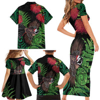 Meri Kirihimete New Zealand Family Matching Short Sleeve Bodycon Dress and Hawaiian Shirt Piwakawaka Koru Fern Mix Pohutukawa - Polynesian Pride