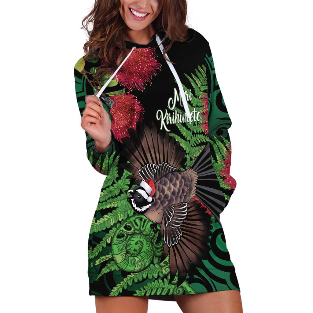 Meri Kirihimete New Zealand Hoodie Dress Piwakawaka Koru Fern Mix Pohutukawa - Polynesian Pride