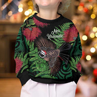 Meri Kirihimete New Zealand Kid Ugly Christmas Sweater Piwakawaka Koru Fern Mix Pohutukawa - Polynesian Pride