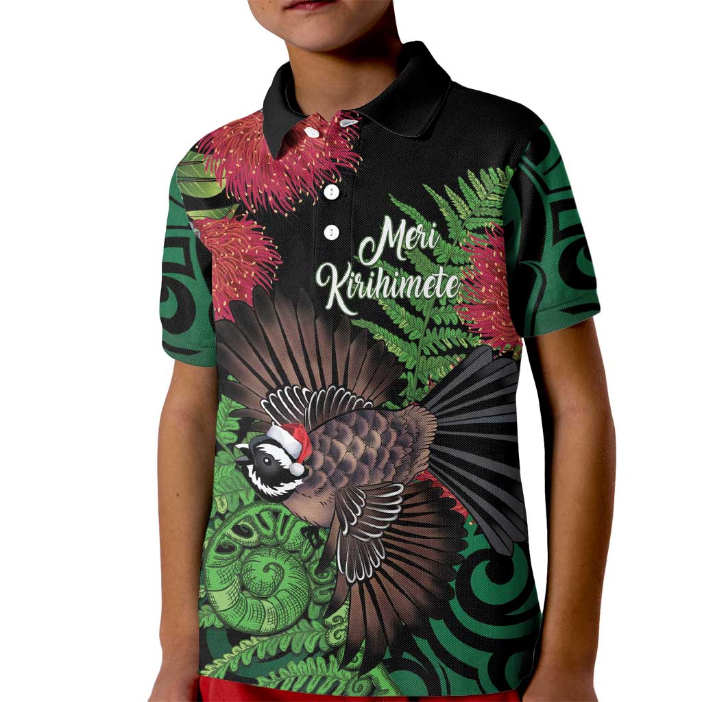 Meri Kirihimete New Zealand Kid Polo Shirt Piwakawaka Koru Fern Mix Pohutukawa - Polynesian Pride