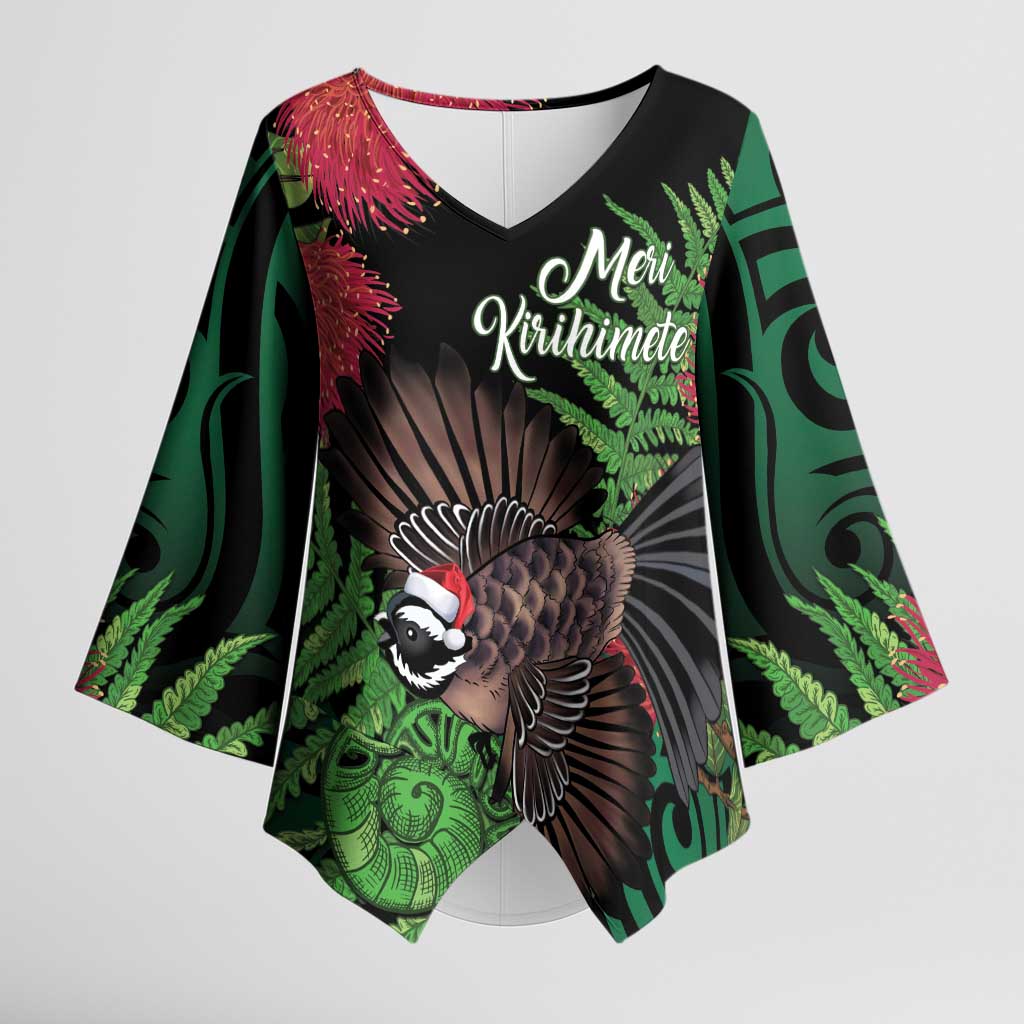 Meri Kirihimete New Zealand Kimono Sleeve Blouse Piwakawaka Koru Fern Mix Pohutukawa - Polynesian Pride